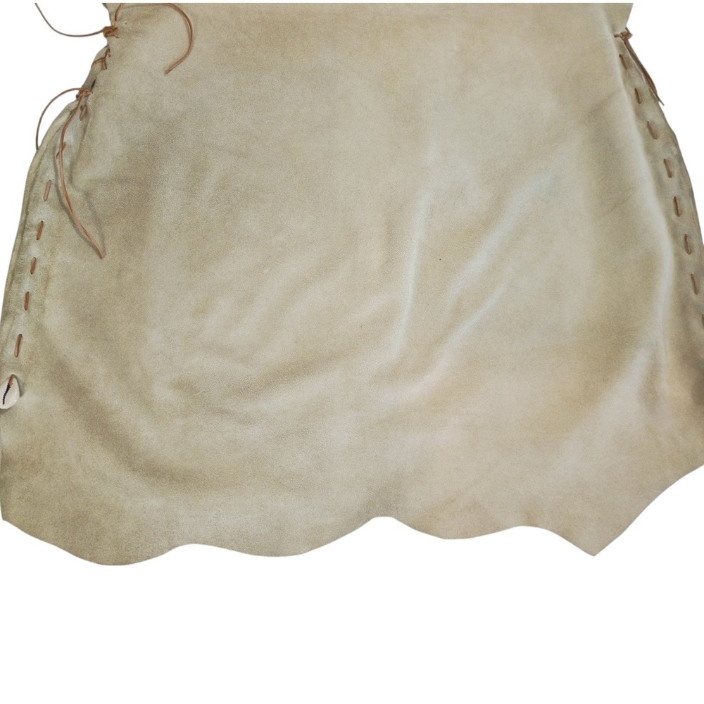 Handmade Suede Leather Wrap Skirt Cowrie Shell Whipstitch Scalloped Tan Boho - Picture 5 of 11